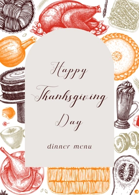 Happy Thanksgiving day. Food and drinks sketches: roasted turkey, vegetables, baked goods, and desserts sketches. Vintage autumn food template in color. For Thanksgiving card or invitation design
